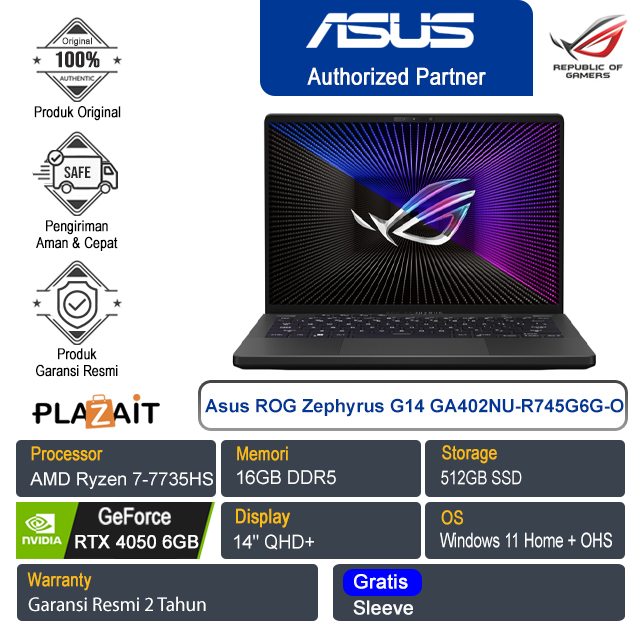 Asus ROG Zephyrus G14 GA402NU-R745G6G-O /AMD Ryzen 7-7735HS/16GB/512GB SSD/NVIDIA GeForce RTX 4050 6GB/14″ QHD+/Win 11 Home+OHS 2021/Eclipse Gray/2Y