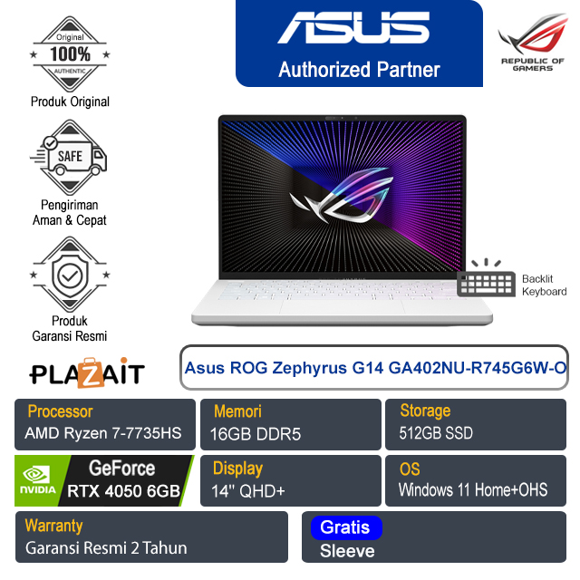 Asus ROG Zephyrus G14 GA402NU-R745G6W-O/AMD Ryzen 7-7735HS/16GB/512GB SSD/RTX4050 6GB/14″ QHD+/Win 11 Home+OHS/Moonlight White/2Y