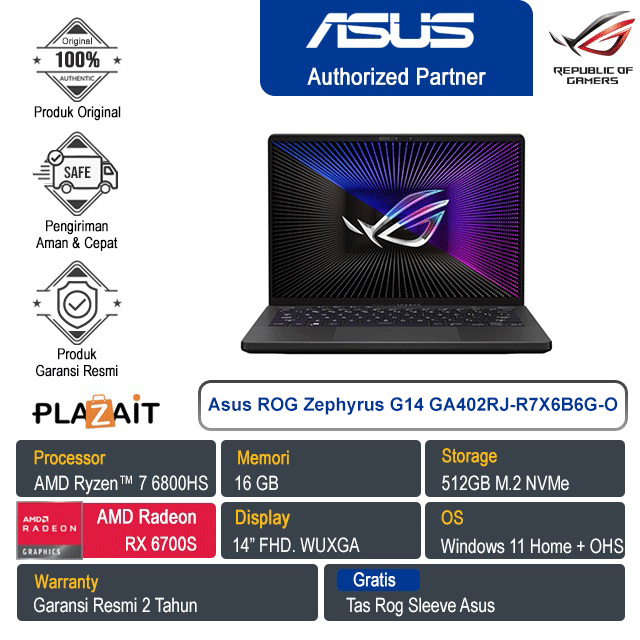 Asus ROG Zephyrus G14 GA402RJ-R7X6B6G-O /AMD Ryzen 7-6800HS/16GB/512GB SSD/AMD Radeon RX 6700S 8GB/ NO ODD/14" FHD/Win11 Home+OHS/Eclipse Gray/2Y