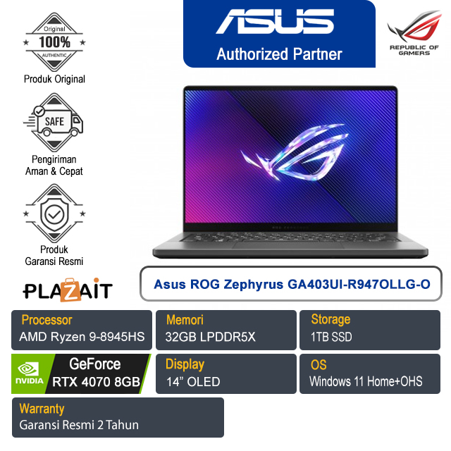 Asus ROG Zephyrus G14 GA403UI-R947OLLG-O /AMD Ryzen 9-8945HS/32GB/1TB SSD/NVIDIA GeForce RTX 4070 8GB/14" OLED/Win 11 Home+OHS /Eclipse Gray/2Y