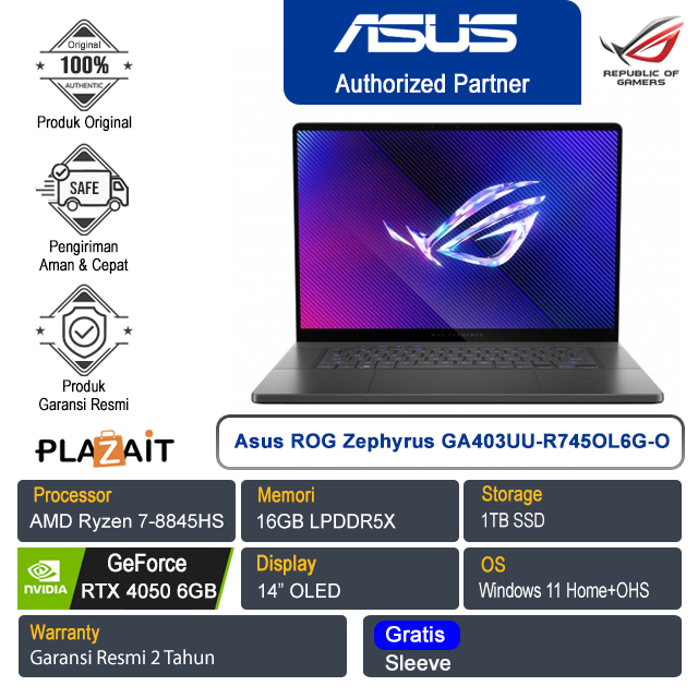 Asus ROG Zephyrus G14 GA403UU-R745OL6G-O /AMD Ryzen 7-8845HS/16GB/1TB SSD/NVIDIA GeForce RTX 4050 6GB/14" OLED/Win 11 Home+OHS 2021/Eclipse Gray/2Y