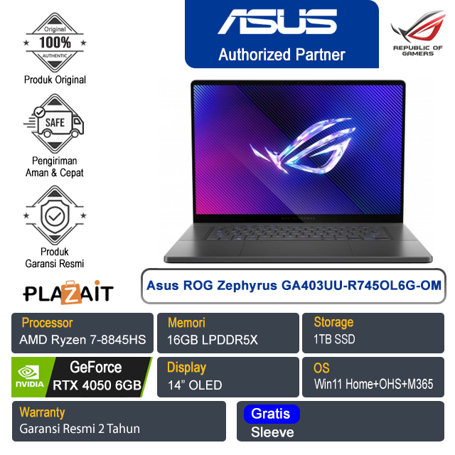Asus ROG Zephyrus G14 GA403UU-R745OL6G-OM /AMD Ryzen 7-8845HS/16GB/1TB SSD/NVIDIA GeForce RTX 4050 6GB/14" OLED/Win 11 Home+OHS+M365/Eclipse Gray/2Y
