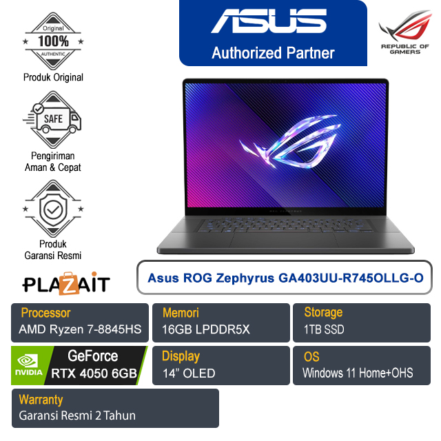 Asus ROG Zephyrus G14 GA403UU-R745OLLG-O /AMD Ryzen 7-8845HS/16GB/1TB SSD/NVIDIA GeForce RTX 4050 6GB/14" OLED/Win 11 Home+OHS /Eclipse Gray/2Y