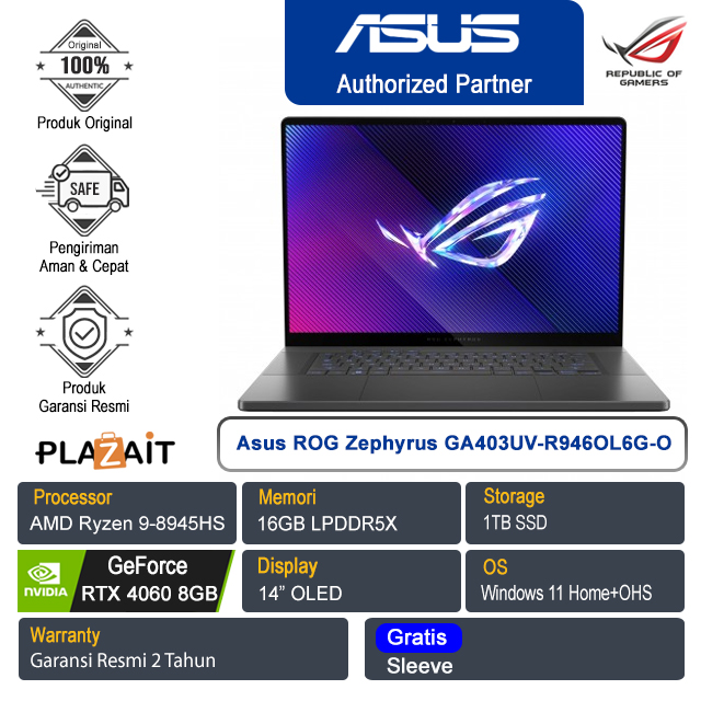 Asus ROG Zephyrus G14 GA403UV-R946OL6G-O /AMD Ryzen 9-8945HS/16GB/1TB SSD/NVIDIA GeForce RTX 4060 8GB/14" OLED/Win 11 Home+OHS 2021/Eclipse Gray/2Y
