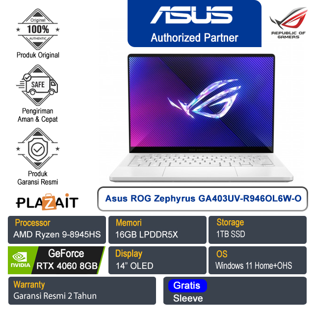 Asus ROG Zephyrus G14 GA403UV-R946OL6W-O /AMD Ryzen 9-8945HS/16GB/1TB SSD/NVIDIA GeForce RTX 4060 8GB/14" OLED/Win 11 Home+OHS 2021/Platinum White/2Y