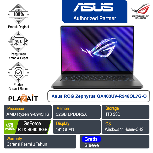 Asus ROG Zephyrus G14 GA403UV-R946OL7G-O /AMD Ryzen 9-8945HS/32GB/1TB SSD/NVIDIA GeForce RTX 4060 8GB/14″ OLED/Win 11 Home+OHS 2021/Eclipse Gray/2Y