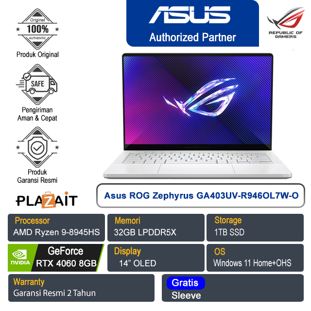 Asus ROG Zephyrus G14 GA403UV-R946OL7W-O /AMD Ryzen 9-8945HS/32GB/1TB SSD/NVIDIA GeForce RTX 4060 8GB/14″ OLED/Win 11 Home+OHS 2021/Platinim White/2Y