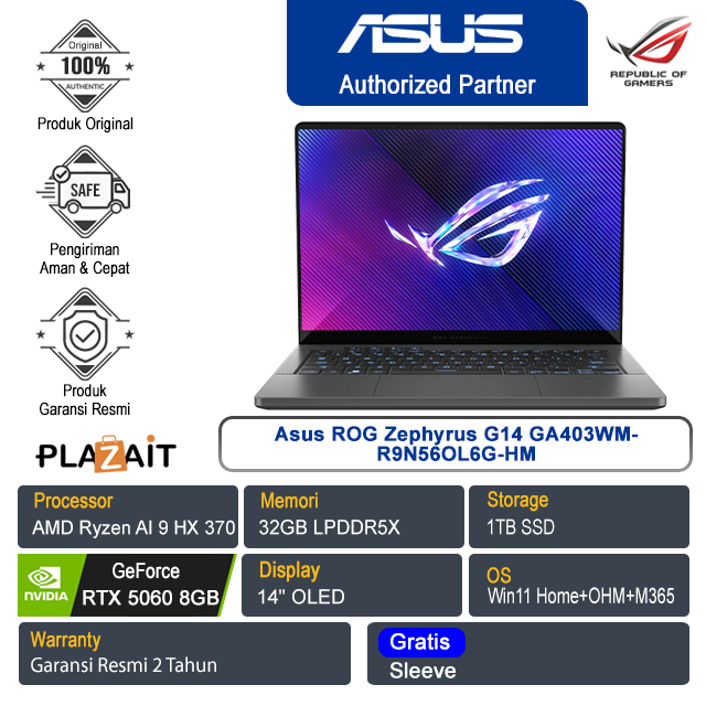 Asus ROG Zephyrus G14 GA403WM-R9N56OL6G-HM /AMD Ryzen AI 9 HX 370/32GB/1TB SSD/NVIDIA GeForce RTX 5060 8GB/14" OLED/Win 11 Home+OHM+M365/Eclipse Gray/2Y
