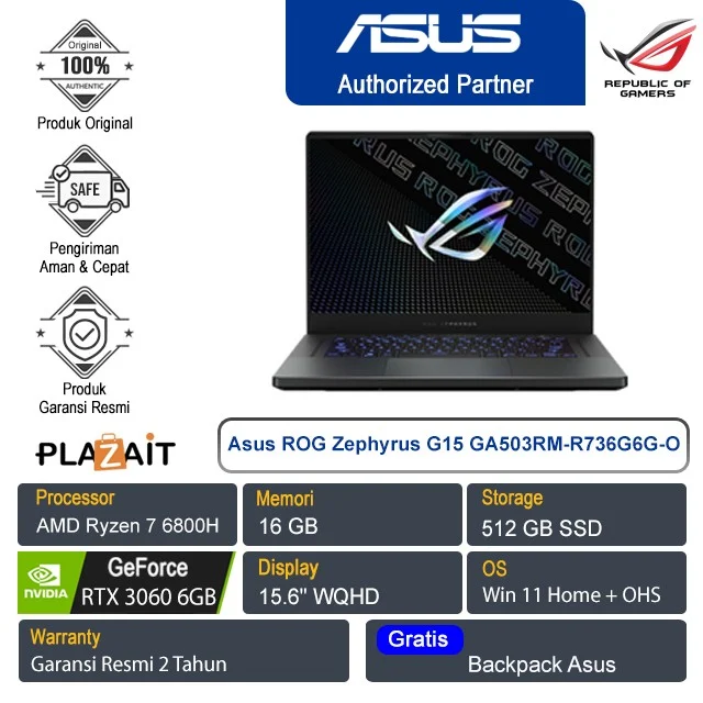 Asus ROG Zephyrus G15 GA503RM-R736G6G-O/AMD Ryzen-7 6800HS/16GB/512GB SSD/RTX3060 6GB/15.6″/Win 11 Home+OHS 2021/Eclipse Gray/2Y