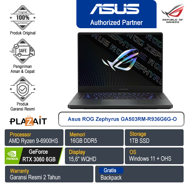 Asus ROG Zephyrus G15 GA503RM-R936G6G-O /AMD Ryzen 9-6900HS/16GB/1TB SSD/NVIDIA GeForce RTX 3060 6GB/15.6"WQHD/Win11 Home+OHS/Eclipse Gray/2Y