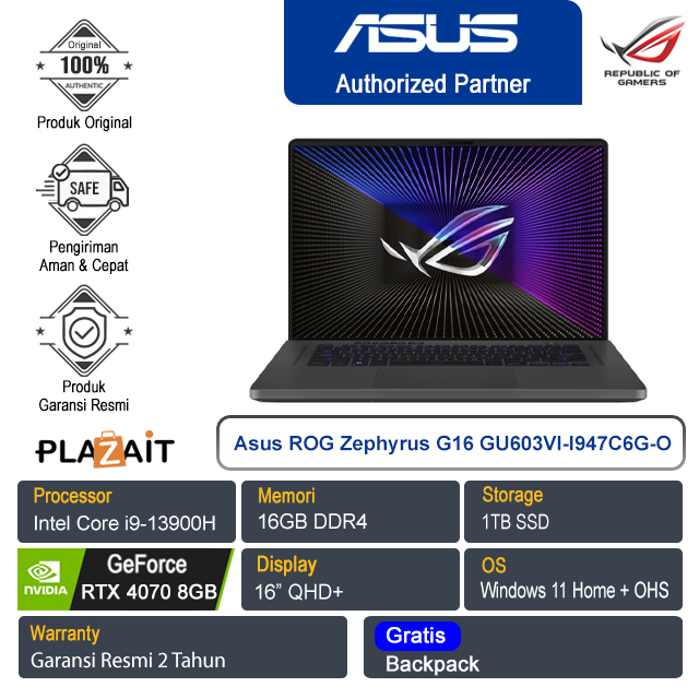Asus ROG Zephyrus G16 GU603VI-I947C6G-O/Intel Core i9-13900H/16GB/1TB SSD/RTX4070 8GB/16″ QHD/Win 11 Home+OHS 2021/Eclipse Gray/2Y