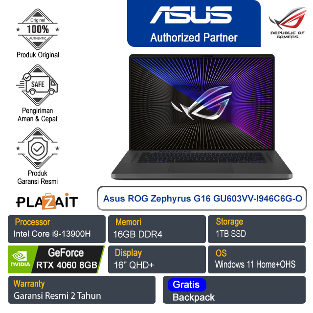 Asus ROG Zephyrus G16 GU603VV-I946C6G-O/Intel Core i9-13900H/16GB/1TB SSD/NVIDIA GeForce RTX 4060 8GB/16″ QHD+/Win 11 Home+OHS/Eclipse Gray/2Y