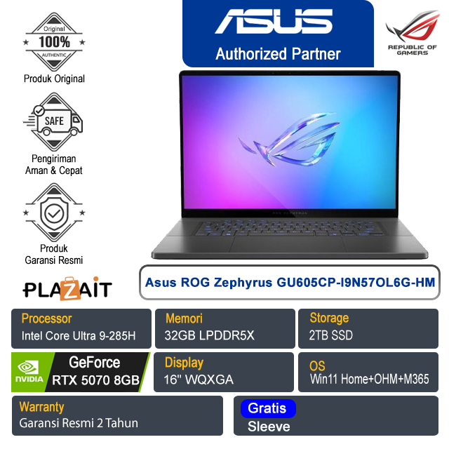 Asus ROG Zephyrus G16 GU605CP-I9N57OL6G-HM /Intel Core Ultra 9-285H/32GB/2TB SSD/NVIDIA GeForce RTX 5070 8GB/16" WQXGA/Win 11 Home+OHM+M365/Eclipse Gray/2Y