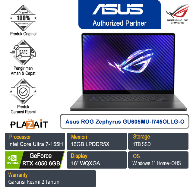 Asus ROG Zephyrus G16 GU605MU-I745OLLG-O /ntel Core Ultra 7-155H/16GB/1TB SSD/NVIDIA GeForce RTX 4050 6GB/16" WQXGA/Win 11 Home+OHS /Eclipse Gray/2Y