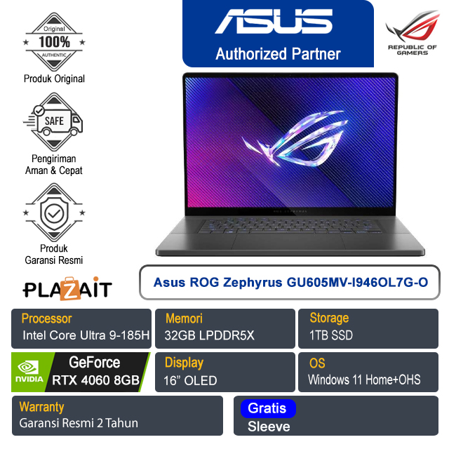 Asus ROG Zephyrus G16 GU605MV-I946OL7G-O / Intel Core Ultra 9-185H/32GB/1TB SSD/NVIDIA GeForce RTX 4060 8GB/16″ OLED/Win 11 Home+OHS 2021/Eclpise Grey/2Y