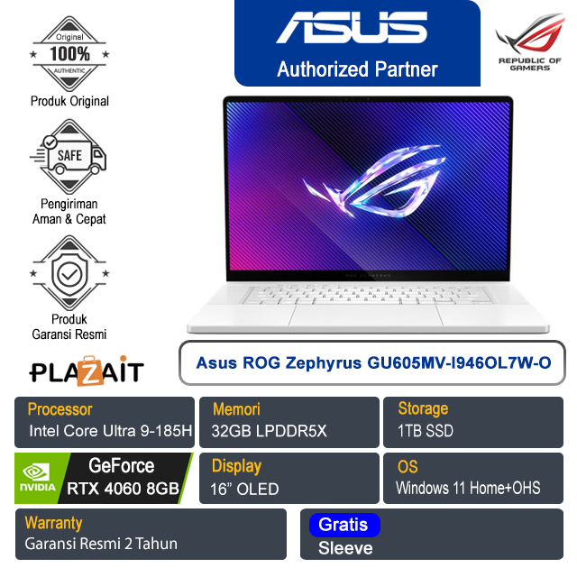 Asus ROG Zephyrus G16 GU605MV-I946OL7W-O / Intel Core Ultra 9-185H/32GB/1TB SSD/NVIDIA GeForce RTX 4060 8GB/16″ OLED/Win 11 Home+OHS 2021/Platinum White/2Y