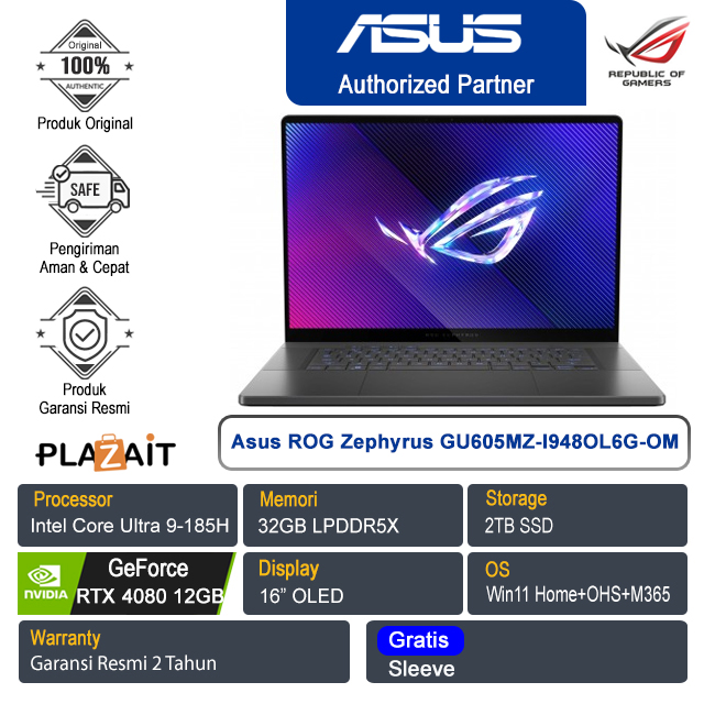 Asus ROG Zephyrus G16 GU605MZ-I948OL6G-OM /Intel Core Ultra 9-185H/32GB/2TB SSD/NVIDIA GeForce RTX 4080 12GB/16″ OLED/Win 11 Home+OHS+M365/Eclipse Gray/2Y