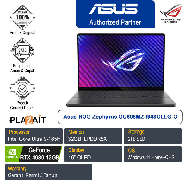 Asus ROG Zephyrus G16 GU605MZ-I948OLLG-O /Intel Core Ultra 9-185H/32GB/2TB SSD/NVIDIA GeForce RTX 4080 12GB/16" OLED/Win 11 Home+OHS/Eclipse Gray/2Y