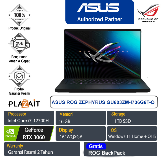ASUS ROG ZEPHYRUS GU603ZM-I736G6T-O/I7-12700H/16GB/1TBSSD/RTX 3060/NO ODD/16" WQXGA/W11 Home+OHS/Black/2Y
