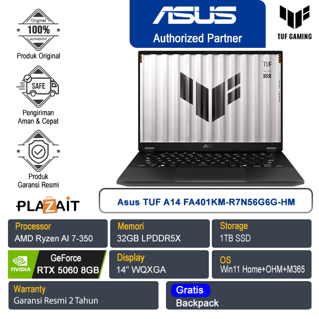 Asus TUF A14 FA401KM-R7N56G6G-HM /AMD Ryzen AI 7-350/32GB/1TB SSD/NVIDIA GeForce RTX 5060 8GB/14" WQXGA/Win 11 Home+OHS+M365/Jaeger Gray/2Y