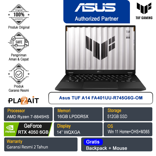Asus TUF A14 FA401UU-R745G6G-OM /AMD Ryzen 7-8845HS/16GB/512GB SSD/NVIDIA GeForce RTX 4050 6GB/14" WQXGA/Win 11 Home+OHS+M365/Jaeger Grey/2Y
