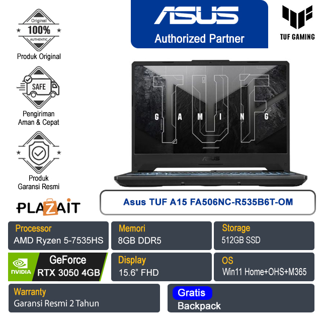 Asus TUF A15 FA506NC-R535B6T-OM /AMD Ryzen 5-7535HS/8GB/512GB SSD/NVIDIA GeForce RTX 3050 4GB/15.6" FHD/Win 11 Home+OHS+M365/Graphite Black/2Y