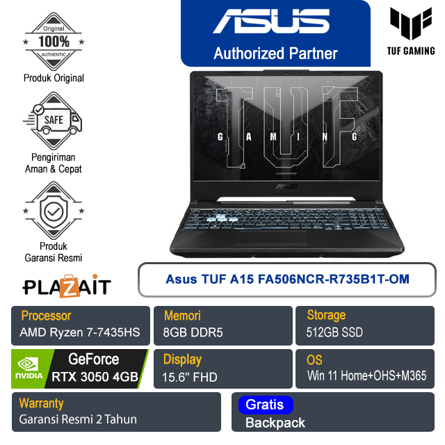 Asus TUF A15 FA506NCR-R735B1T-OM /AMD Ryzen 7-7435HS/8GB/512GB SSD/NVIDIA GeForce RTX 3050 4GB/15.6" FHD/Win 11 Home+OHS+M365/Graphite Black/2Y