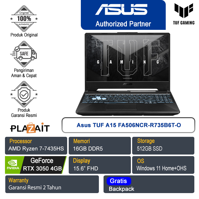 Asus TUF A15 FA506NCR-R735B6T-O /AMD Ryzen 7-7435HS/16GB/512GB SSD/NVIDIA GeForce RTX 3050 4GB/15.6″ FHD/Win 11 Home+OHS 2021/Graphite Black/2Y
