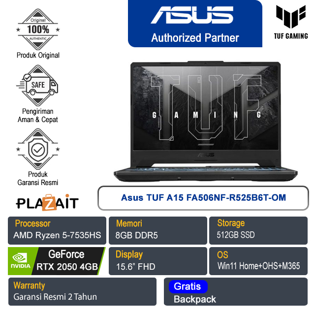 Asus TUF A15 FA506NF-R525B6T-OM /AMD Ryzen 5-7535HS/8GB/512GB SSD/NVIDIA GeForce RTX 2050 4GB/15.6″ FHD/Win 11 Home+OHS+M365/Graphite Black/2Y