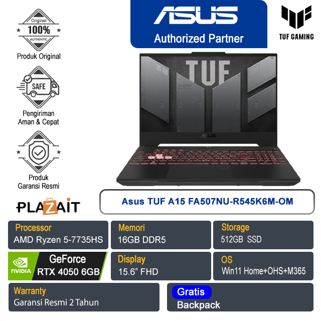 Asus TUF A15 FA507NU-R545K6M-OM /AMD Ryzen 5-7735HS/16GB/512GB SSD/NVIDIA GeForce RTX 4050 6GB/15.6" FHD/Win 11 Home+OHS+M365/Mecha Gray/2Y