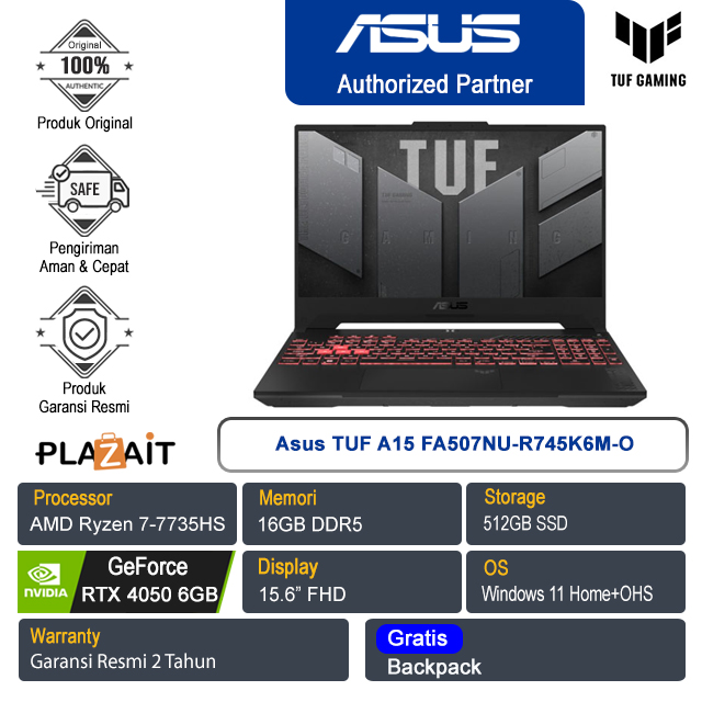 Asus TUF A15 FA507NU-R745K6M-O /AMD Ryzen 7-7735HS/16GB/512GB SSD/NVIDIA GeForce RTX 4050 6GB/15.6" FHD/Win 11 Home+OHS 2021/Mecha Gray/2Y
