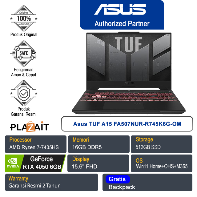 Asus TUF A15 FA507NUR-R745K6G-OM /AMD Ryzen 7-7435HS/16GB/512GB SSD/NVIDIA GeForce RTX 4050 6GB/15.6″ FHD/Win 11 Home+OHS+M365/Jaeger Gray/2Y