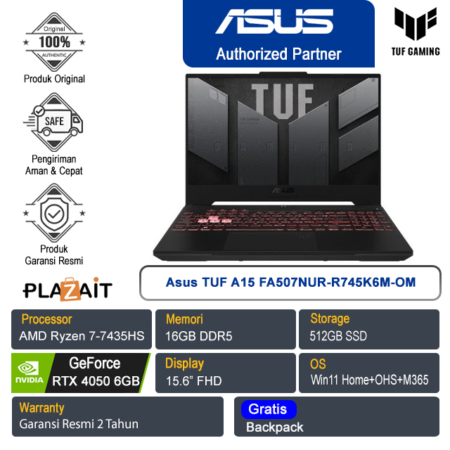 Asus TUF A15 FA507NUR-R745K6M-OM /AMD Ryzen 7-7435HS/16GB/512GB SSD/NVIDIA GeForce RTX 4050 6GB/15.6″ FHD/Win 11 Home+OHS+M365/Mecha Gray/2Y