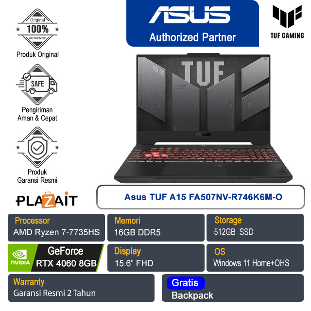 Asus TUF A15 FA507NV-R746K6M-O /AMD Ryzen 7-7735HS/16GB/512GB SSD/NVIDIA GeForce RTX 4060 8GB/15.6" FHD/Win 11 Home+OHS 2021/Mecha Gray/2Y