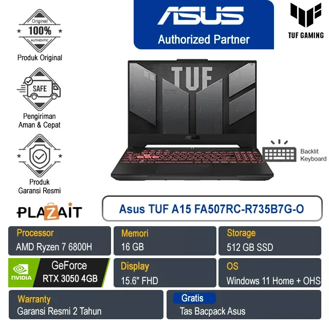 Asus TUF A15 FA507RC-R735B7G-O /AMD Ryzen 7-6800H/16GB/512GB SSD/NVIDIA GeForce RTX3050 4GB/15.6″ FHD/Win 11 Home+OHS 2021/Jaeger Gray/2Y