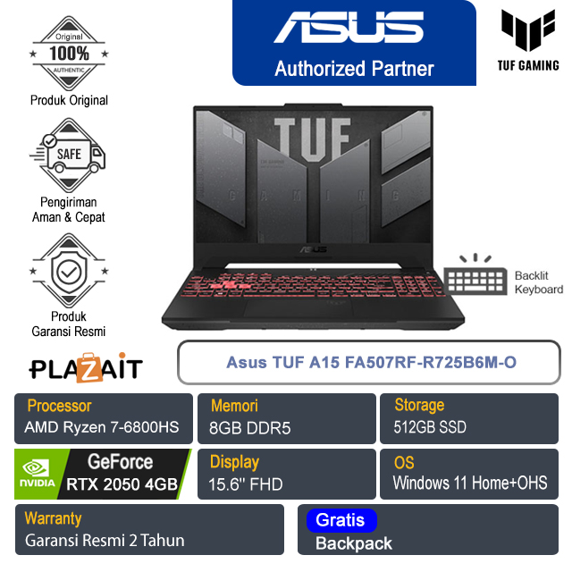 Asus TUF A15 FA507RF-R725B6M-O/AMD Ryzen 7-6800HS/8GB/512GB SSD/NVIDIA GeForce RTX 2050 4GB/15.6" FHD/Win 11 Home+OHS/Mecha Gray/2Y
