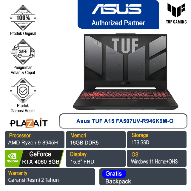 Asus TUF A15 FA507UV-R946K9M-O /AMD Ryzen 9-8945H/16GB/1TB SSD/NVIDIA GeForce RTX 4060 8GB/15.6″ FHD/Win 11 Home+OHS 2021/Mecha Gray/2Y