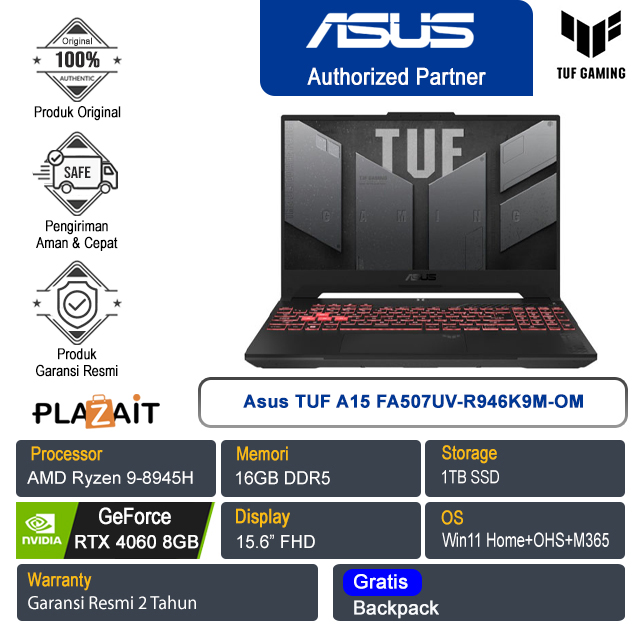 Asus TUF A15 FA507UV-R946K9M-OM /AMD Ryzen 9-8945H/16GB/1TB SSD/NVIDIA GeForce RTX 4060 8GB/15.6″ FHD/Win 11 Home+OHS+M365/Mecha Gray/2Y
