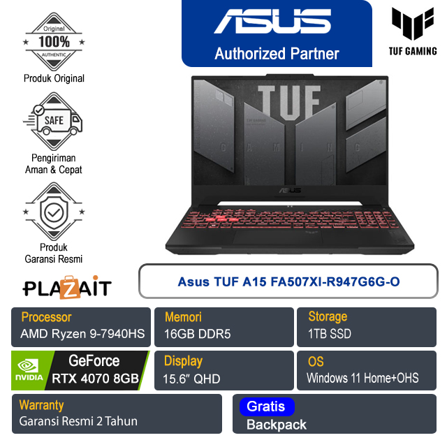 Asus TUF A15 FA507XI-R947G6G-O /AMD Ryzen 9-7940HS/16GB/1TB SSD/Nvidia GeForce RTX 4070 8GB/15.6" QHD/Win 11 Home+OHS 2021/Jaeger Gray/2Y