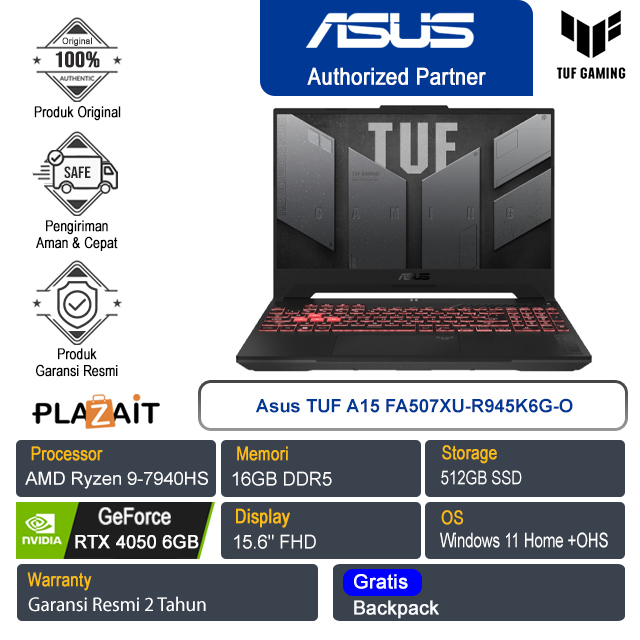 Asus TUF A15 FA507XU-R945K6G-O/AMD Ryzen 9-7940HS/16GB/512GB SSD/NVIDIA GeForce RTX 4050 6GB/15.6″ FHD/Win 11 Home+OHS 2021/Jaeger Gray/2Y