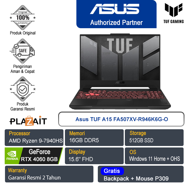 Asus TUF A15 FA507XV-R946K6G-O/AMD Ryzen 9-7940HS/16GB/512GB SSD/NVIDIA GeForce RTX 4060 8GB/15.6″ FHD/Win 11 Home+OHS 2021/Jaeger Gray/2Y