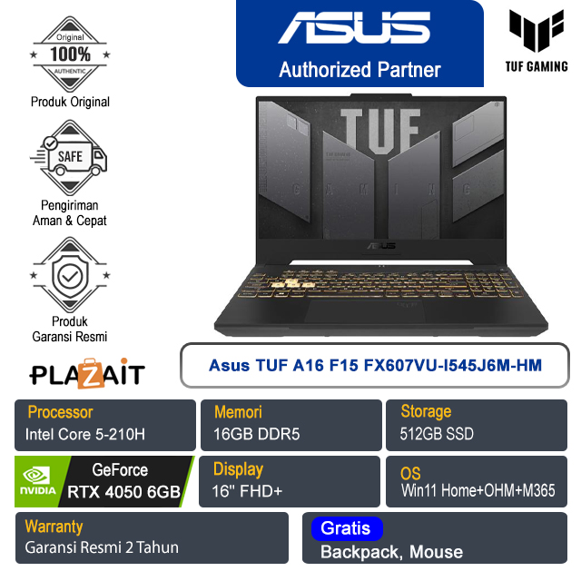 Asus TUF A16 F15 FX607VU-I545J6M-HM /Intel Core 5-210H/16GB/512GB SSD/NVIDIA GeForce RTX 4050 6GB/16" FHD+/Win 11 Home+OHM+M365/Mecha Gray/2Y