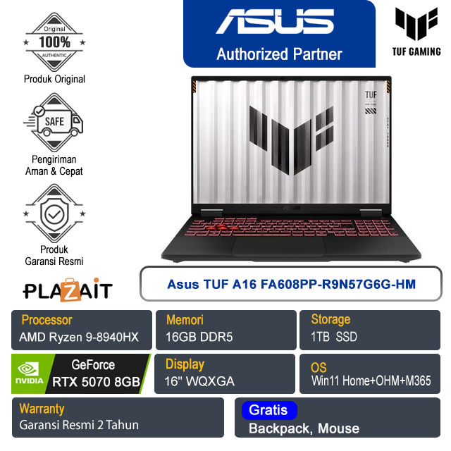 Asus TUF A16 FA608PP-R9N57G6G-HM /AMD Ryzen 9-8940HX/16GB/1TB SSD/NVIDIA GeForce RTX 5070 8GB/16" WQXGA/Win 11 Home+OHM+M365/Jeager Grey/2Y