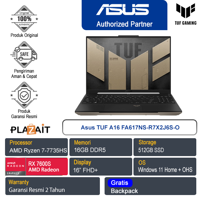 Asus TUF A16 FA617NS-R7X2J6S-O/AMD Ryzen 7-7735HS/16GB/512GB SSD/AMD Radeon RX7600S 8GB/16″ FHD+/Win 11 Home+OHS 2021/Sand Storm/2Y