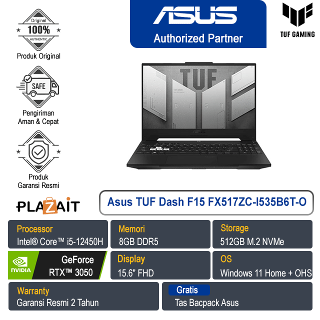 Asus TUF Dash F15 FX517ZC-I535B6T-O /Intel Core i5-12450H/8GB/512GB SSD/NVIDIA GeForce RTX3050 4GB/15.6″ FHD/Win 11 Home+OHS 2021/Off Black/2Y