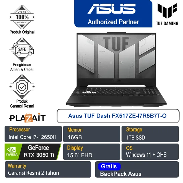 ASUS TUF Dash F15 FX517ZE-I7R5B7T-O /Intel Core i7-12650H/16GB/1TB SSD/NVIDIA GeForce RTX 3050/15.6" FHD/Windows 11 Home+OHS/Off Black/2Y