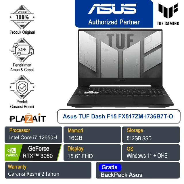 Asus TUF Dash F15 FX517ZM-I736B7T-O/Intel Core i7-12650H/16GB/1TB SSD/NVIDIA GeForce RTX 3060 6GB GDDR6/15.6" FHD/Win 11 Home+OHS/Off Black/2Y