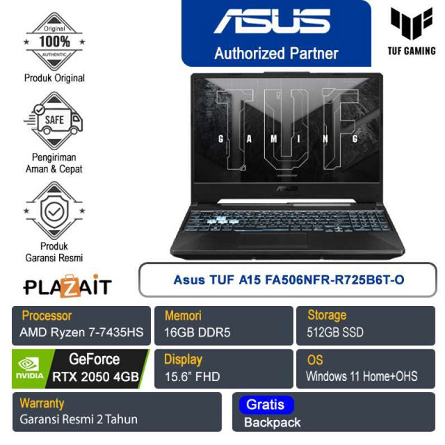Asus TUF A15 FA506NFR-R725B6T-O /AMD Ryzen 7-7435HS/16GB/512GB SSD/NVIDIA GeForce RTX 2050 4GB/15.6″ FHD/Win 11 Home+OHS 2021/Graphite Black/2Y