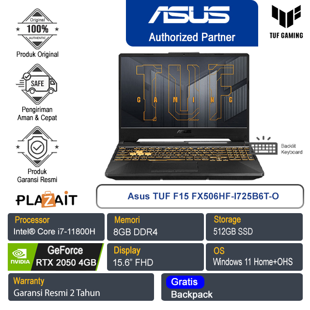 Asus TUF F15 FX506HF-I725B6T-O/Intel Core i7-11800H/8GB/512GB SSD/NVIDIA GeForce RTX2050 4GB/15.6″FHD/Win 11 Home+OHS 2021/Graphite Black/2Y