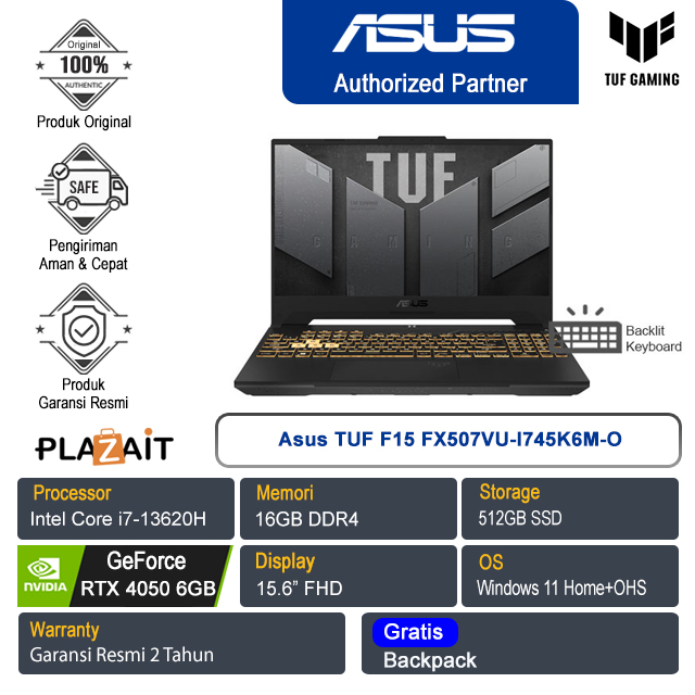 Asus TUF F15 FX507VU-I745K6M-O /Intel Core i7-13620H/16GB/512GB SSD/NVIDIA GeForce RTX 4050 6GB/15.6" FHD/Win 11 Home+OHS 2021/Mecha Gray/2Y